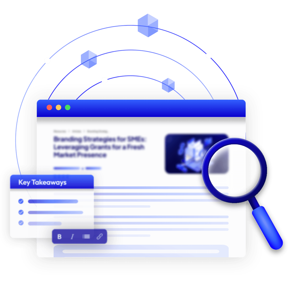 Isometric illustration of a browser window displaying an article with a magnifying glass and a Key Takeaways callout card