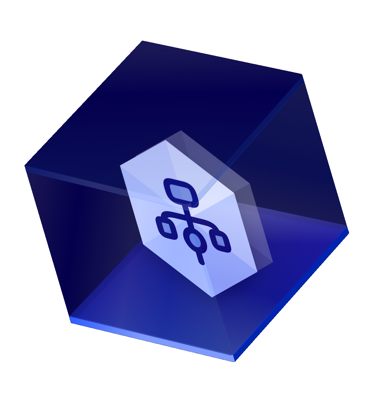 Isometric glass cube with a glyph on a floating hexagonal panel