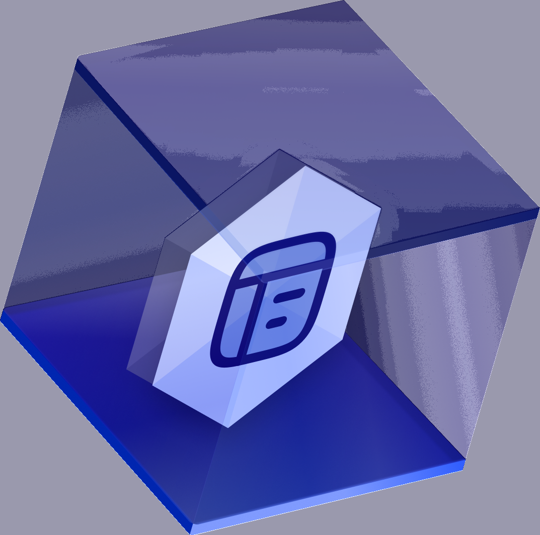 Isometric glass cube with a glyph on a floating hexagonal panel