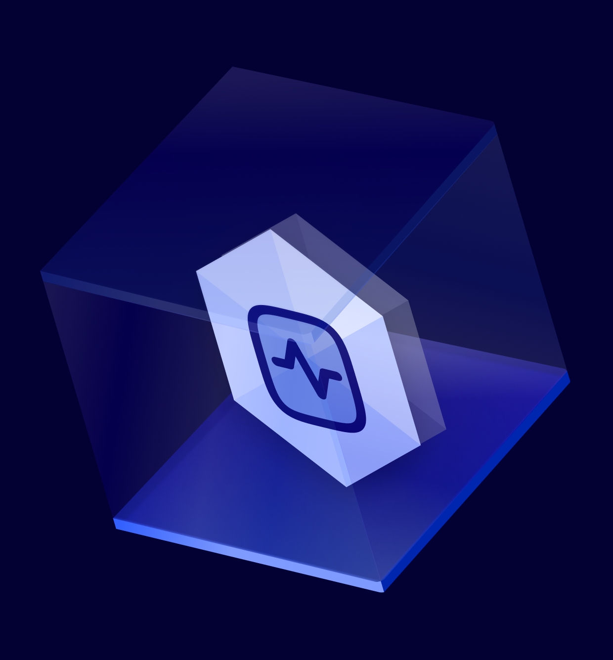 Isometric glass cube with a glyph on a floating hexagonal panel