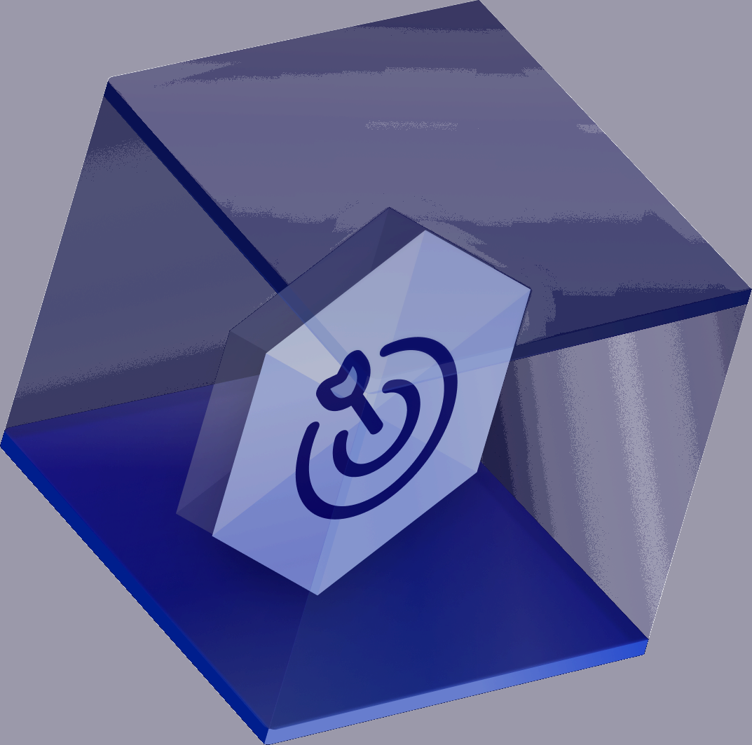 Isometric glass cube with a target glyph on a floating hexagonal panel